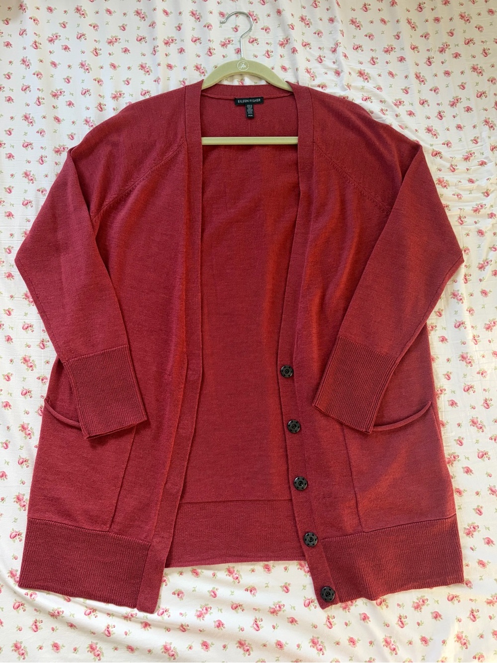 Eileen Fisher Deep Red Button-Front Long Cardigan